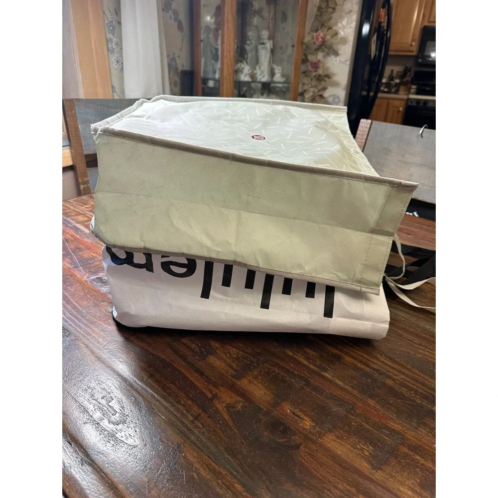Lululemon Large Reusable Shopping Tote Bags Set of 2 Black White Cream with Logo